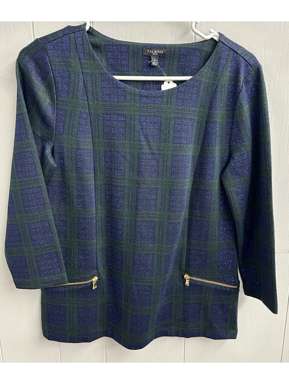 Talbots Long Sleeve Shirt. Fitted. Green & Blue Blocks. Zippers. Size SP.   NWT.